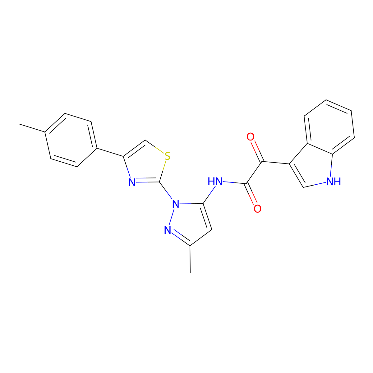 2-(1H-indol-3-yl)-N-(3-methyl-1-(4-(p-tolyl)thiazol-2-yl)-1H-pyrazol-5-yl)-2-oxoacetamide molecular structure, CAS 1019103-28-6