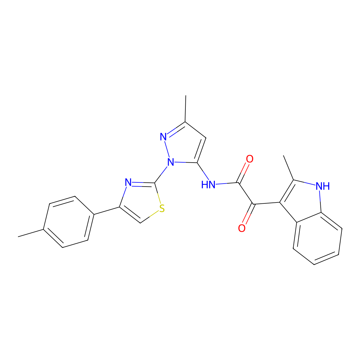 N-(3-methyl-1-(4-(p-tolyl)thiazol-2-yl)-1H-pyrazol-5-yl)-2-(2-methyl-1H-indol-3-yl)-2-oxoacetamide molecular structure, CAS 1019103-30-0