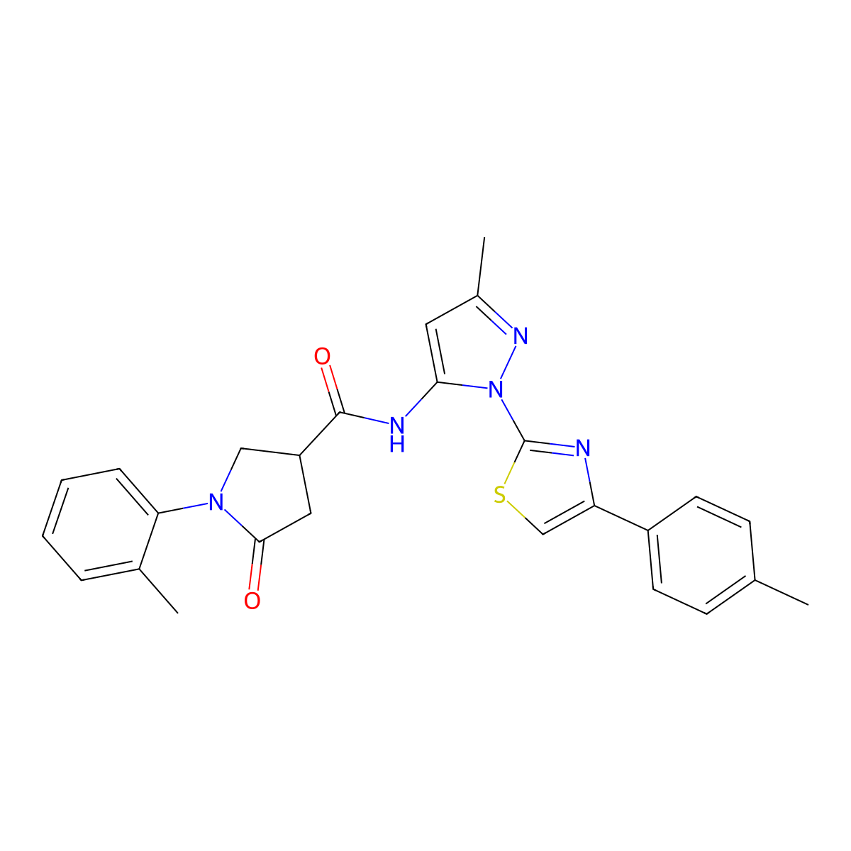 N-(3-methyl-1-(4-(p-tolyl)thiazol-2-yl)-1H-pyrazol-5-yl)-5-oxo-1-(o-tolyl)pyrrolidine-3-carboxamide molecular structure, CAS 1019103-34-4