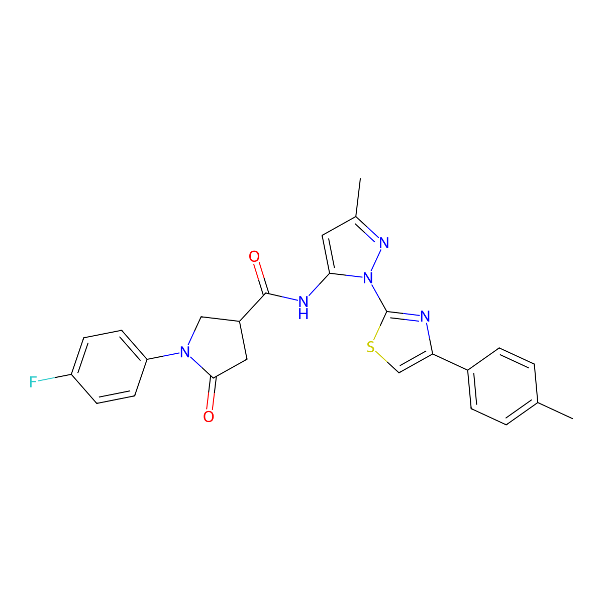 1-(4-fluorophenyl)-N-(3-methyl-1-(4-(p-tolyl)thiazol-2-yl)-1H-pyrazol-5-yl)-5-oxopyrrolidine-3-carboxamide molecular structure, CAS 1019103-38-8