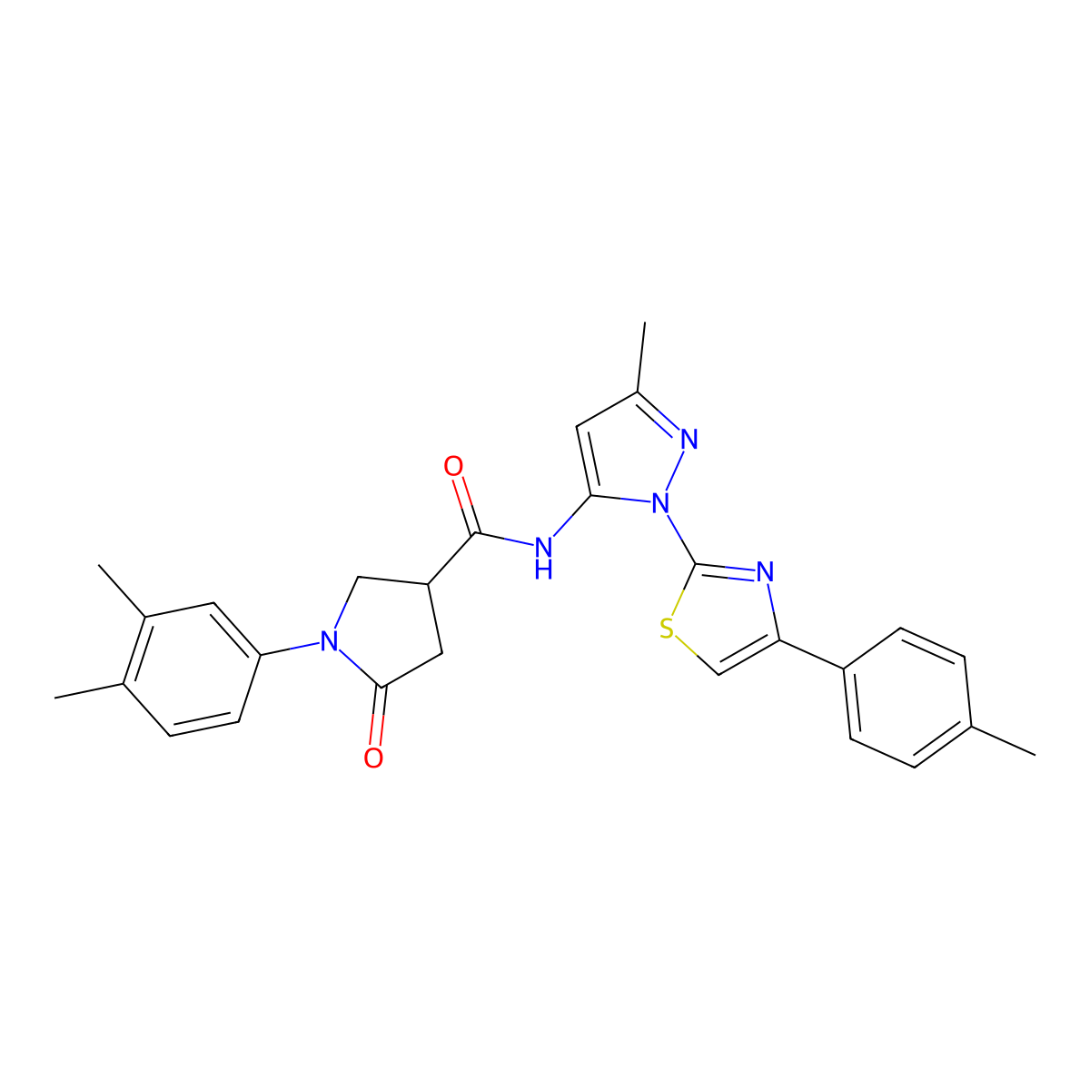 1-(3,4-dimethylphenyl)-N-(3-methyl-1-(4-(p-tolyl)thiazol-2-yl)-1H-pyrazol-5-yl)-5-oxopyrrolidine-3-carboxamide molecular structure, CAS 1019103-40-2