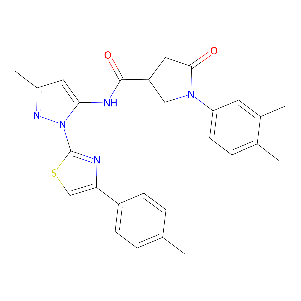 1-(3,4-dimethylphenyl)-N-(3-methyl-1-(4-(p-tolyl)thiazol-2-yl)-1H-pyrazol-5-yl)-5-oxopyrrolidine-3-carboxamide molecular structure, CAS 1019103-40-2