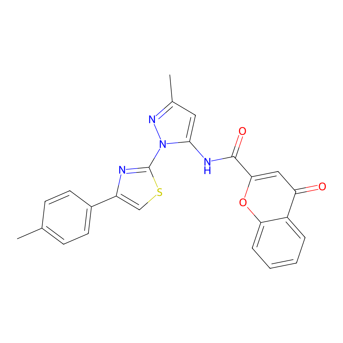 N-(3-methyl-1-(4-(p-tolyl)thiazol-2-yl)-1H-pyrazol-5-yl)-4-oxo-4H-chromene-2-carboxamide molecular structure, CAS 1019103-42-4
