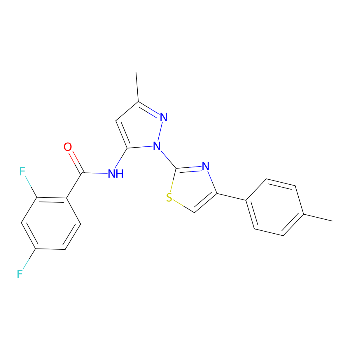 2,4-difluoro-N-(3-methyl-1-(4-(p-tolyl)thiazol-2-yl)-1H-pyrazol-5-yl)benzamide molecular structure, CAS 1019103-44-6