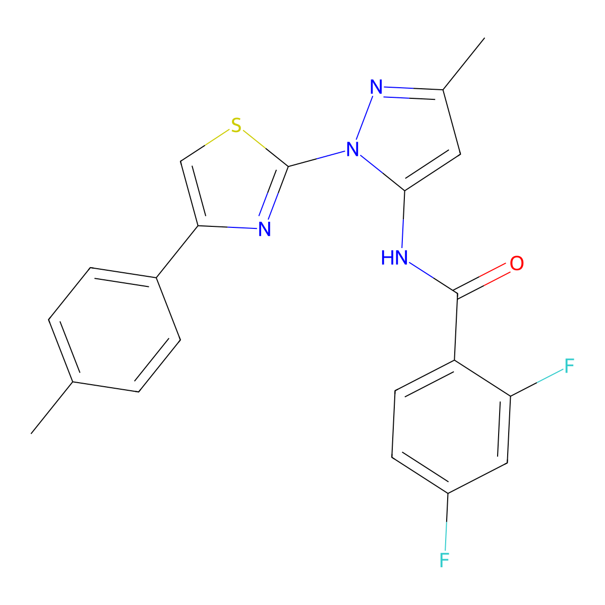 2,4-difluoro-N-(3-methyl-1-(4-(p-tolyl)thiazol-2-yl)-1H-pyrazol-5-yl)benzamide molecular structure, CAS 1019103-44-6