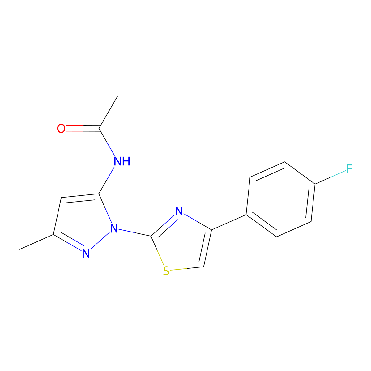N-{1-[4-(4-fluorophenyl)-1,3-thiazol-2-yl]-3-methyl-1H-pyrazol-5-yl}acetamide molecular structure, CAS 1019103-53-7