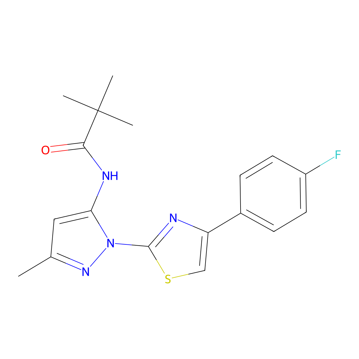 N-(1-(4-(4-fluorophenyl)thiazol-2-yl)-3-methyl-1H-pyrazol-5-yl)pivalamide molecular structure, CAS 1019103-55-9
