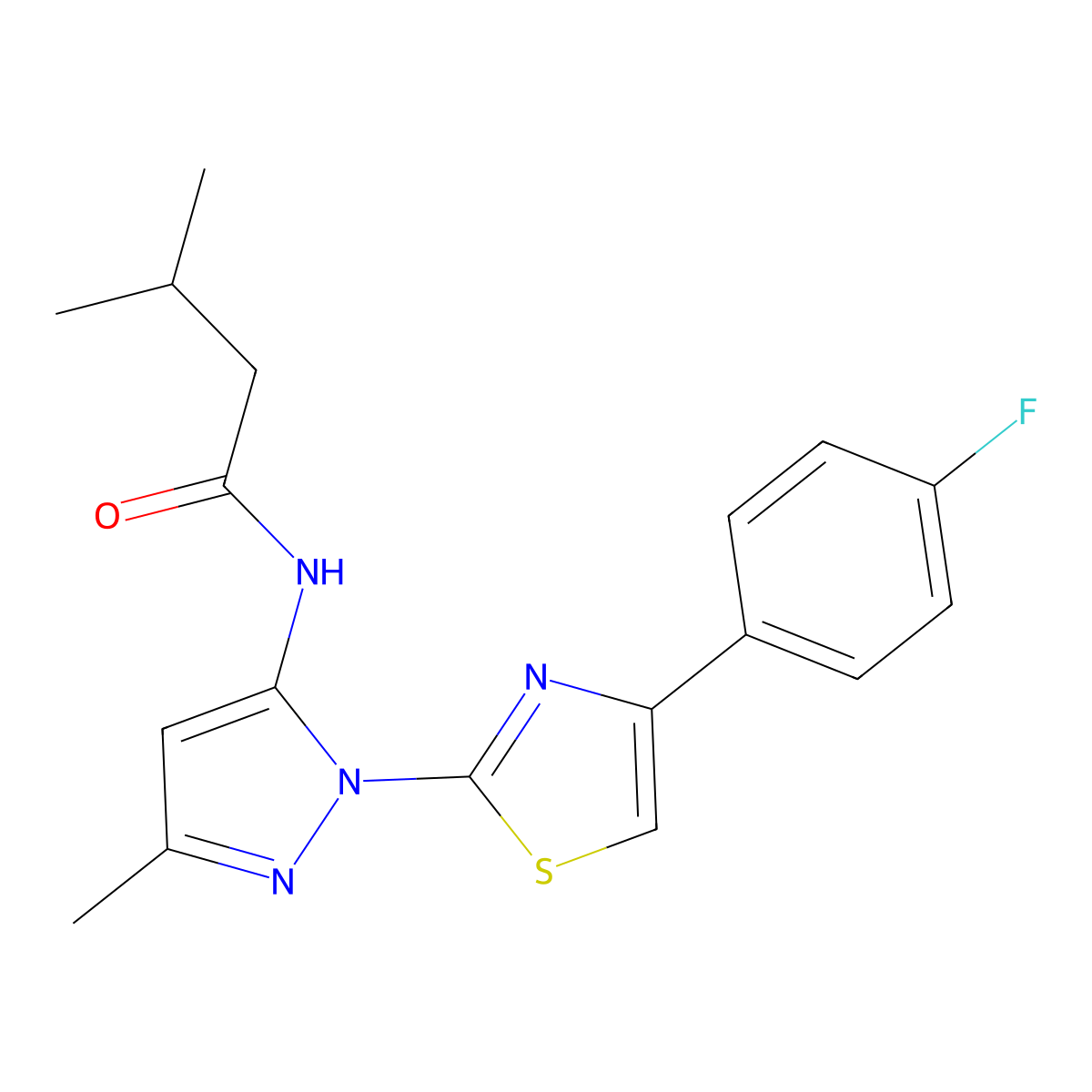 N-(1-(4-(4-fluorophenyl)thiazol-2-yl)-3-methyl-1H-pyrazol-5-yl)-3-methylbutanamide molecular structure, CAS 1019103-57-1