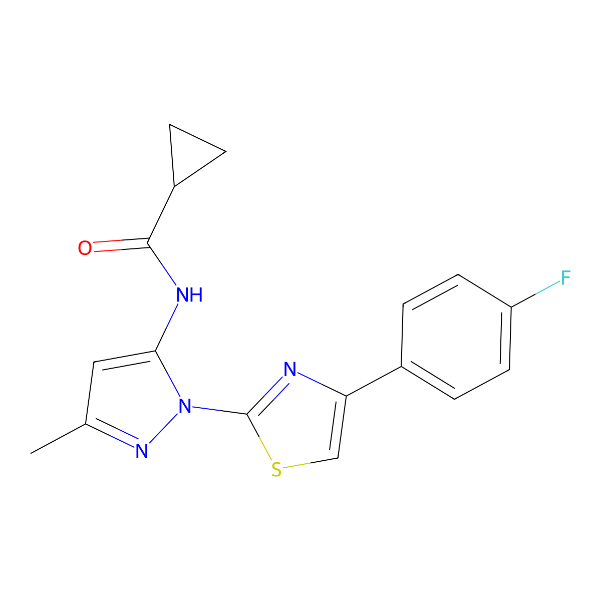 N-{1-[4-(4-fluorophenyl)-1,3-thiazol-2-yl]-3-methyl-1H-pyrazol-5-yl}cyclopropanecarboxamide molecular structure, CAS 1019103-60-6