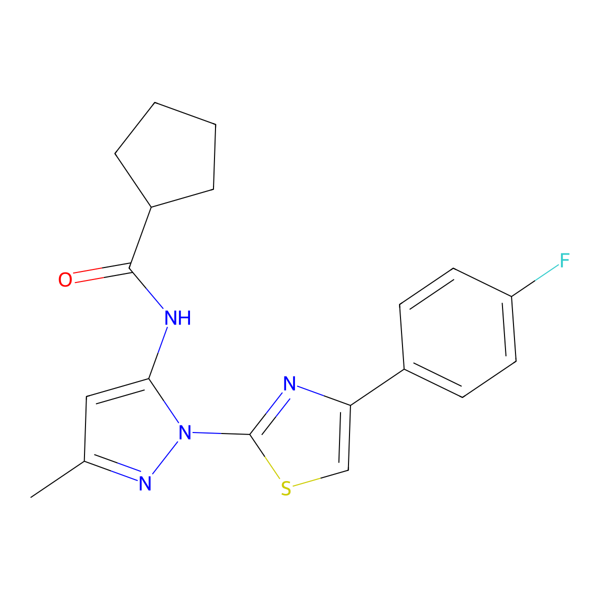 N-(1-(4-(4-fluorophenyl)thiazol-2-yl)-3-methyl-1H-pyrazol-5-yl)cyclopentanecarboxamide molecular structure, CAS 1019103-62-8