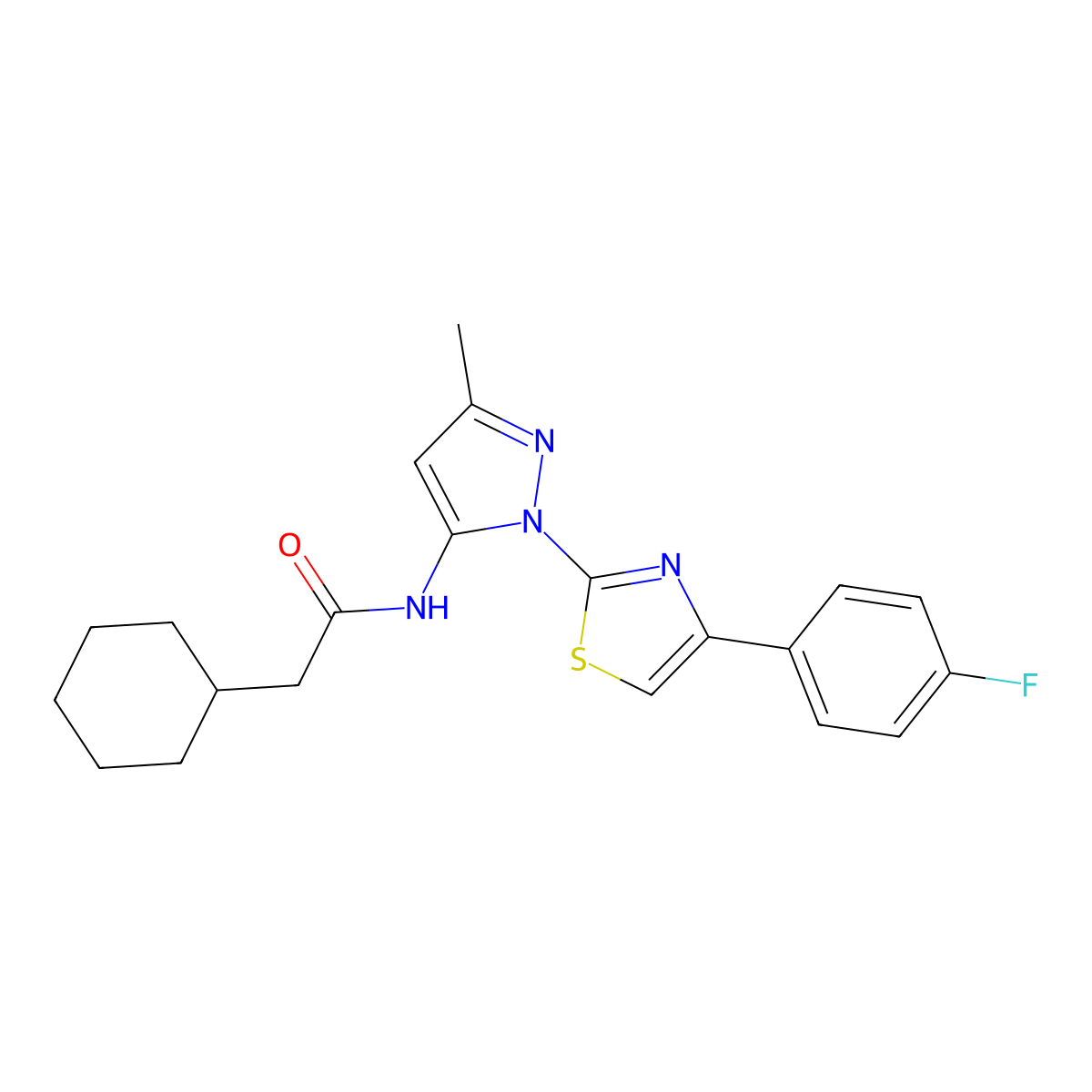 2-cyclohexyl-N-{1-[4-(4-fluorophenyl)-1,3-thiazol-2-yl]-3-methyl-1H-pyrazol-5-yl}acetamide molecular structure, CAS 1019103-64-0