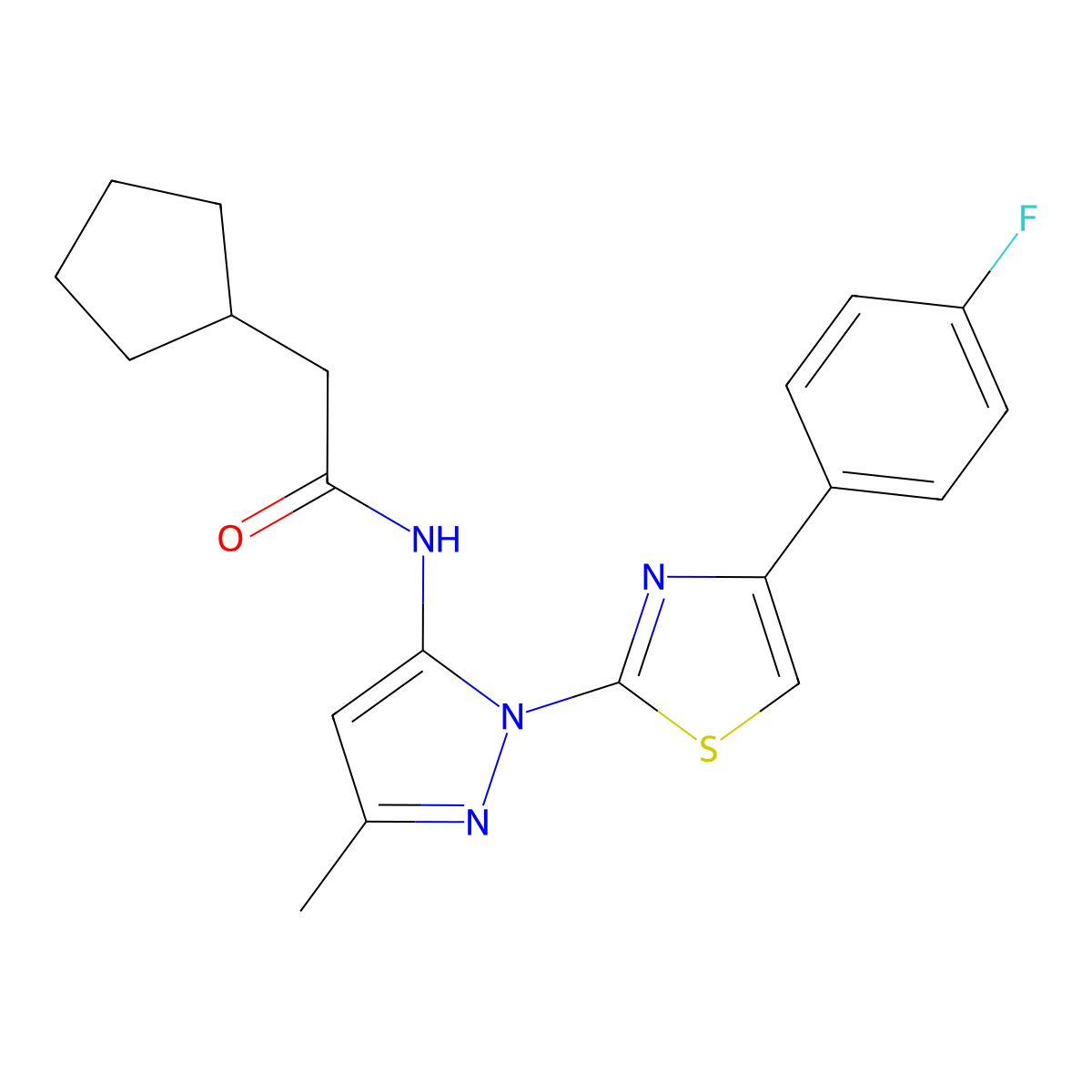 2-cyclopentyl-N-(1-(4-(4-fluorophenyl)thiazol-2-yl)-3-methyl-1H-pyrazol-5-yl)acetamide molecular structure, CAS 1019103-66-2