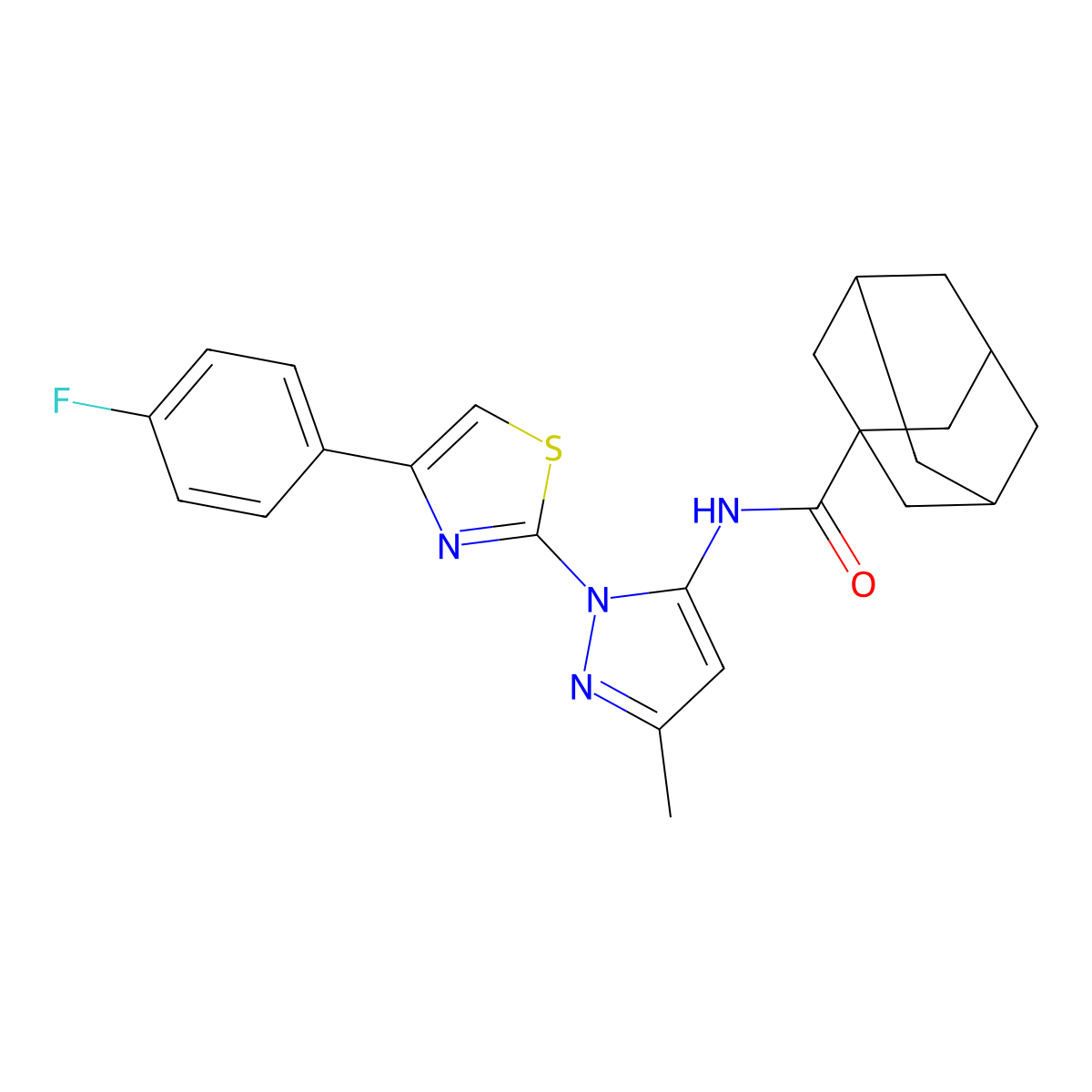 N-{1-[4-(4-fluorophenyl)-1,3-thiazol-2-yl]-3-methyl-1H-pyrazol-5-yl}adamantane-1-carboxamide molecular structure, CAS 1019103-68-4