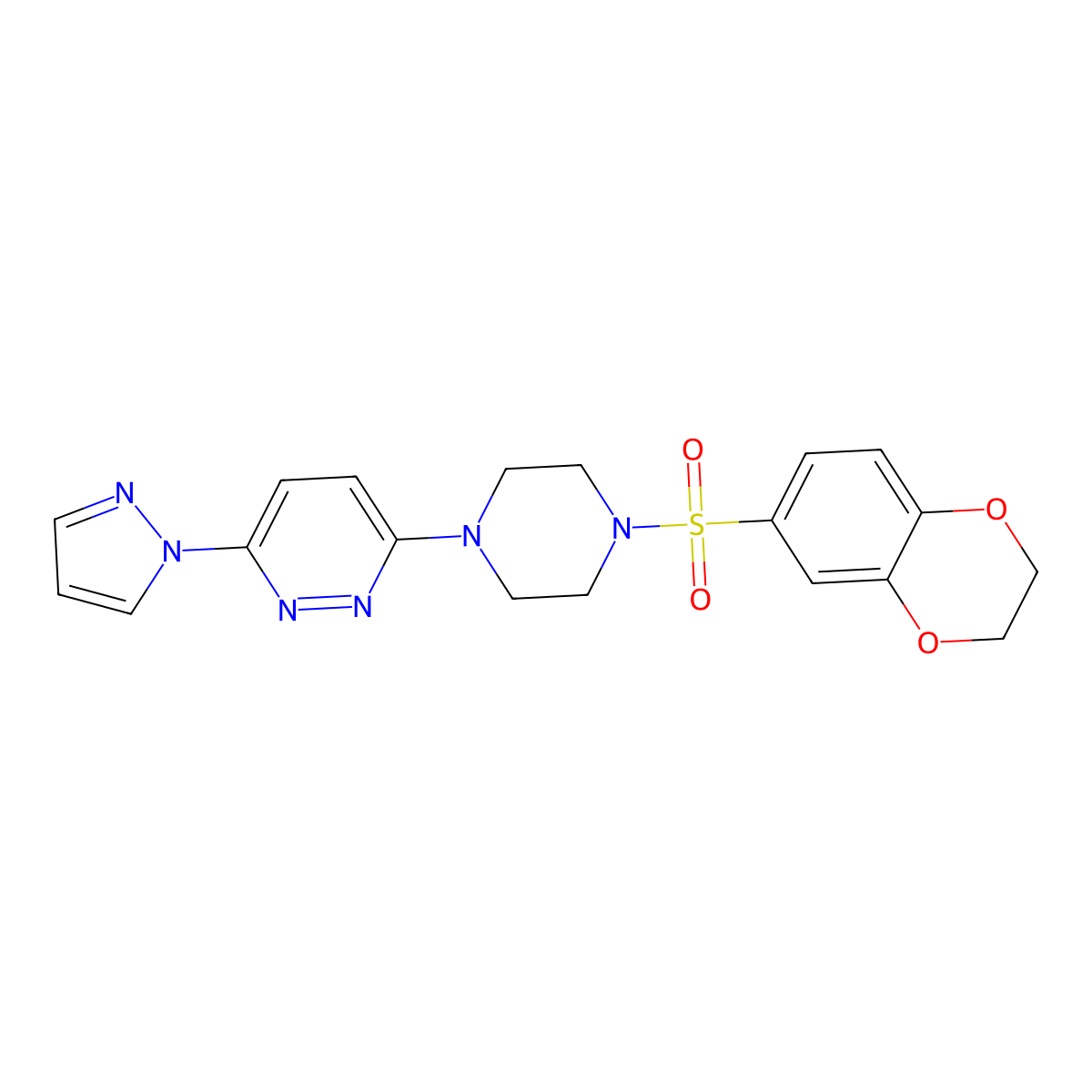 3-(4-((2,3-dihydrobenzo[b][1,4]dioxin-6-yl)sulfonyl)piperazin-1-yl)-6-(1H-pyrazol-1-yl)pyridazine molecular structure, CAS 1019103-72-0