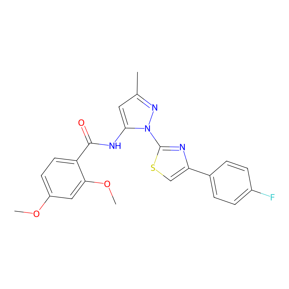 N-(1-(4-(4-fluorophenyl)thiazol-2-yl)-3-methyl-1H-pyrazol-5-yl)-2,4-dimethoxybenzamide molecular structure, CAS 1019103-77-5