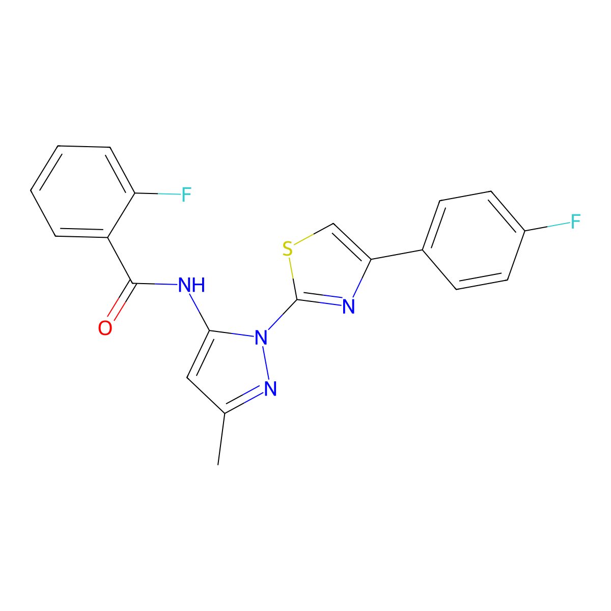 2-fluoro-N-(1-(4-(4-fluorophenyl)thiazol-2-yl)-3-methyl-1H-pyrazol-5-yl)benzamide molecular structure, CAS 1019103-87-7