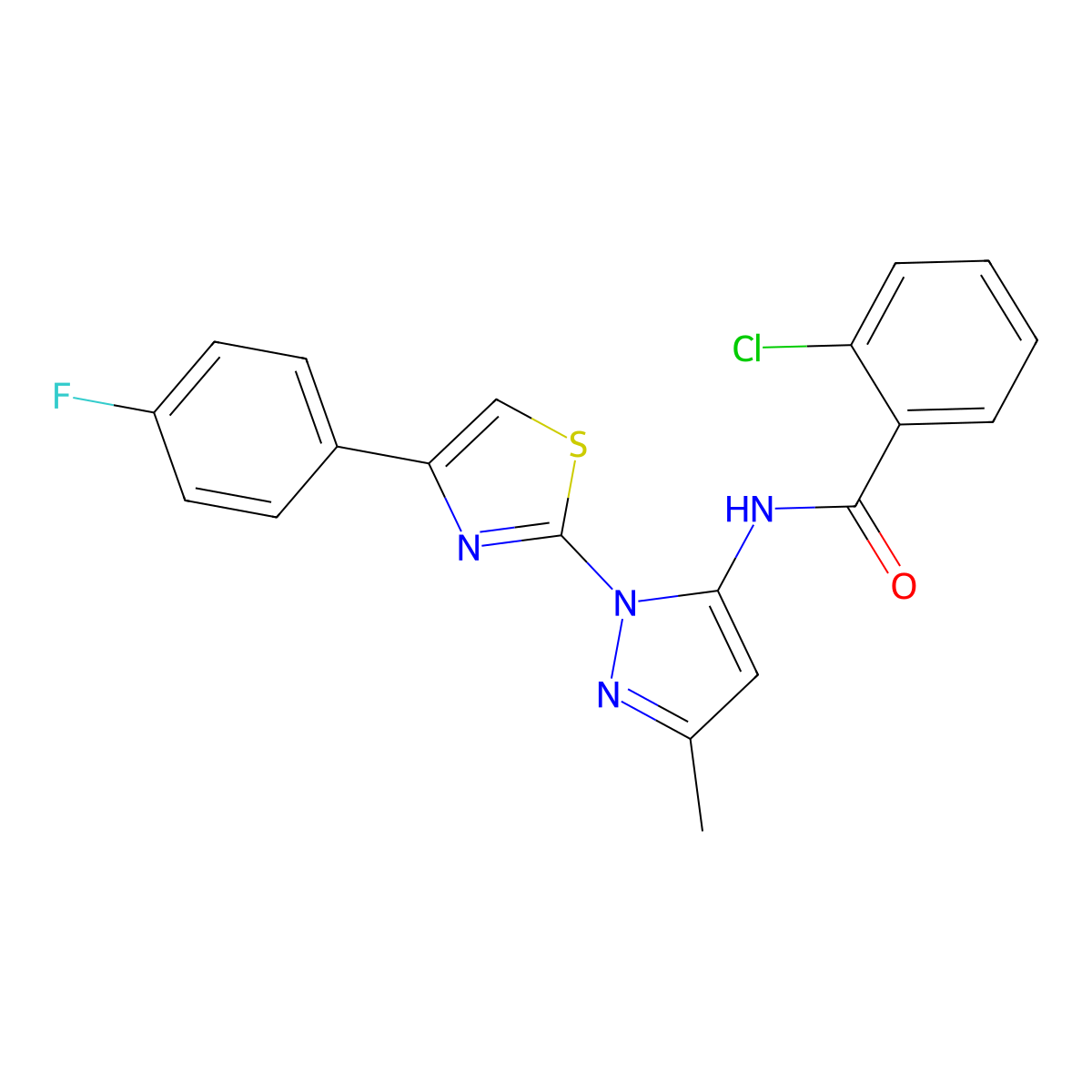2-chloro-N-(1-(4-(4-fluorophenyl)thiazol-2-yl)-3-methyl-1H-pyrazol-5-yl)benzamide molecular structure, CAS 1019103-89-9