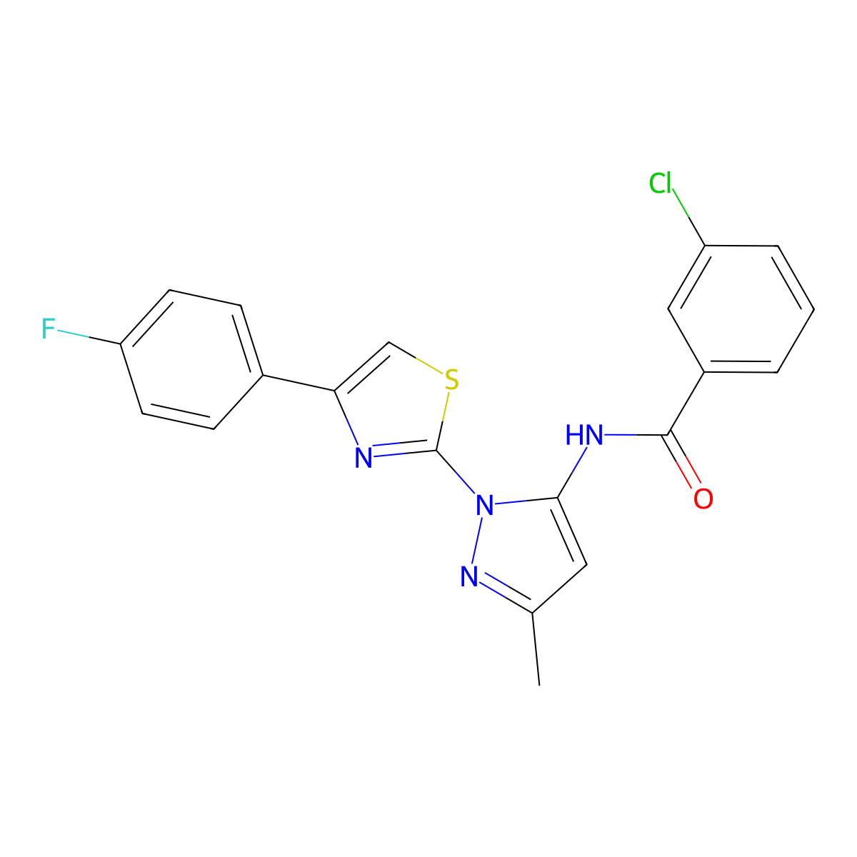 3-chloro-N-(1-(4-(4-fluorophenyl)thiazol-2-yl)-3-methyl-1H-pyrazol-5-yl)benzamide molecular structure, CAS 1019103-92-4