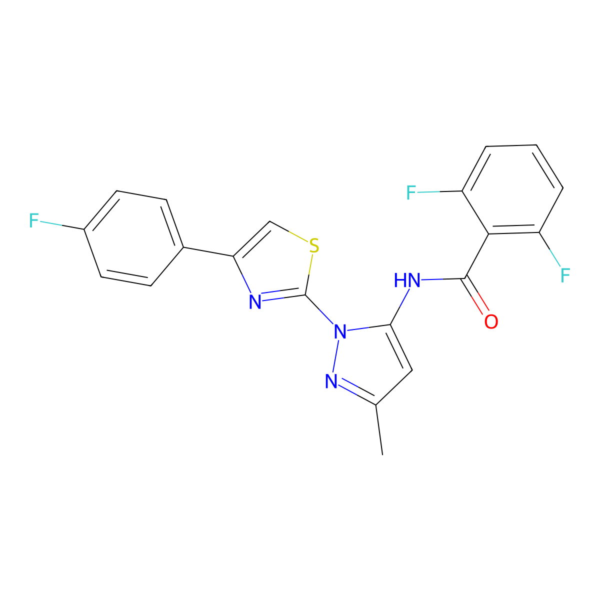 2,6-difluoro-N-(1-(4-(4-fluorophenyl)thiazol-2-yl)-3-methyl-1H-pyrazol-5-yl)benzamide molecular structure, CAS 1019103-95-7