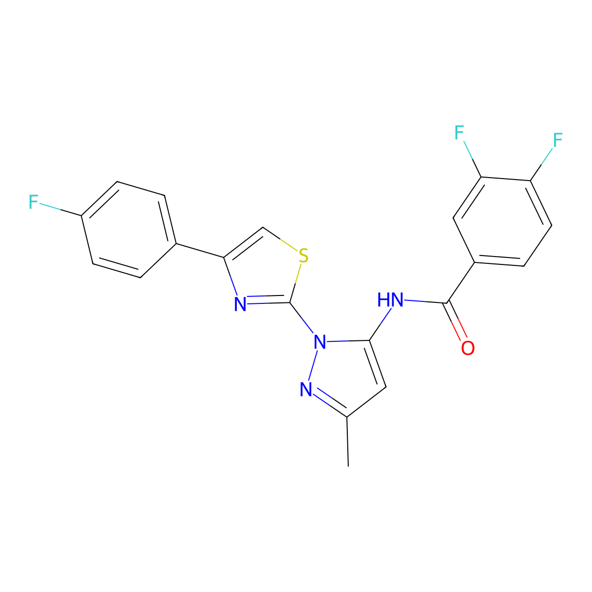 3,4-difluoro-N-(1-(4-(4-fluorophenyl)thiazol-2-yl)-3-methyl-1H-pyrazol-5-yl)benzamide molecular structure, CAS 1019103-97-9