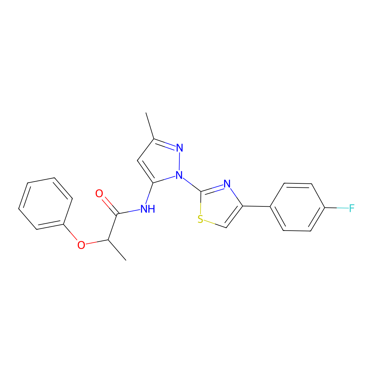 N-(1-(4-(4-fluorophenyl)thiazol-2-yl)-3-methyl-1H-pyrazol-5-yl)-2-phenoxypropanamide molecular structure, CAS 1019104-08-5