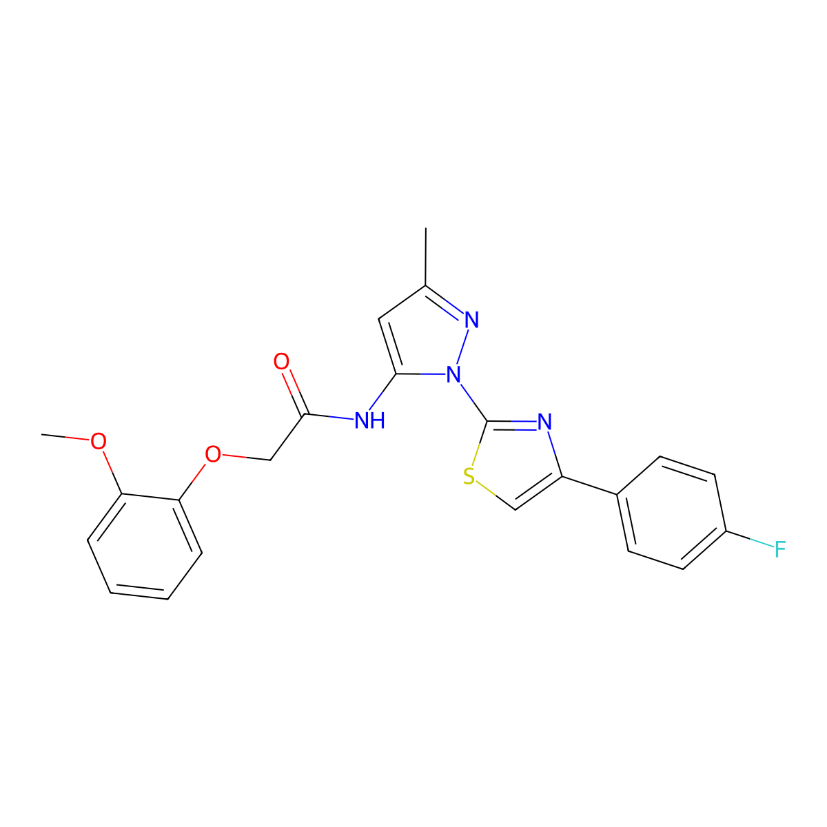 N-(1-(4-(4-fluorophenyl)thiazol-2-yl)-3-methyl-1H-pyrazol-5-yl)-2-(2-methoxyphenoxy)acetamide molecular structure, CAS 1019104-11-0