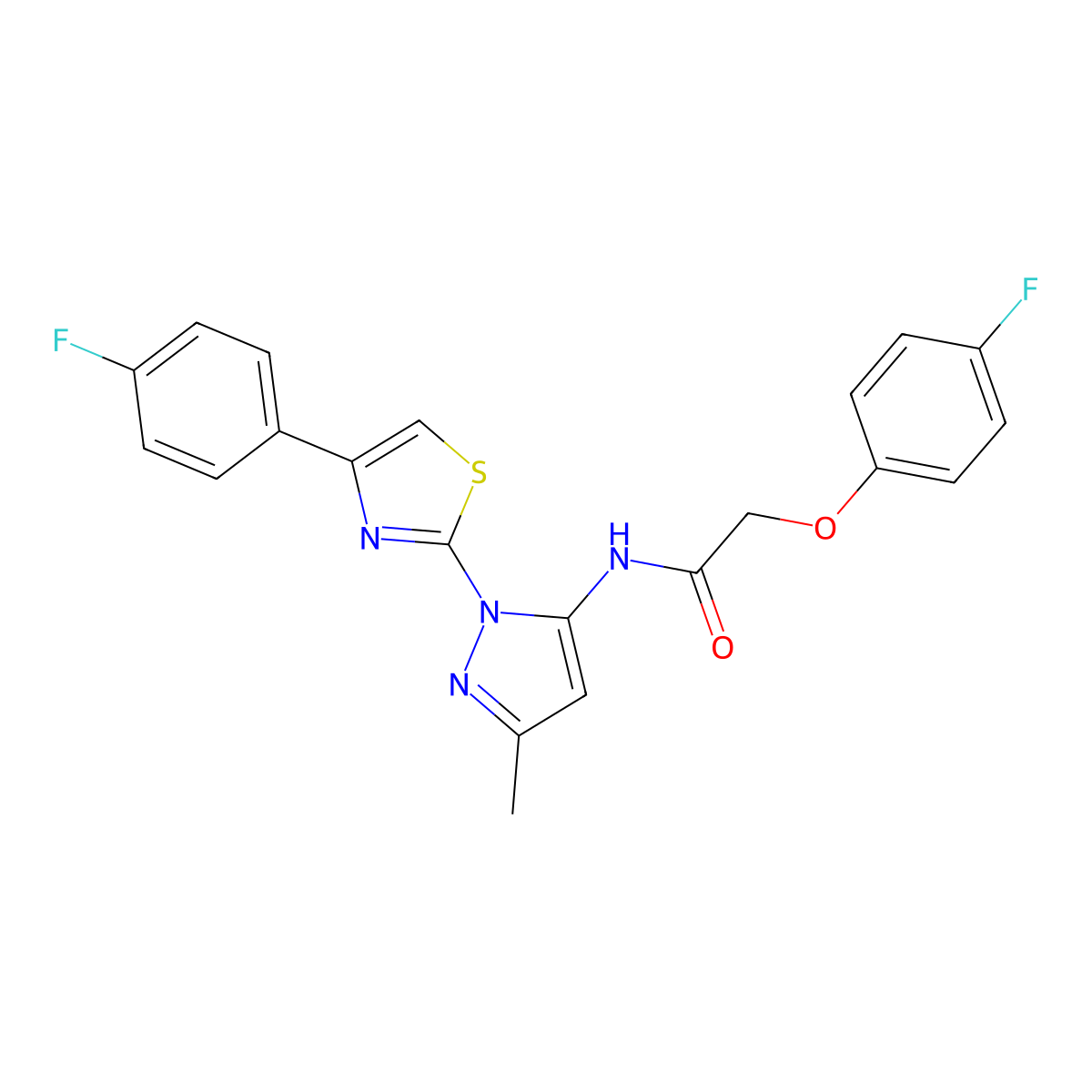 2-(4-fluorophenoxy)-N-(1-(4-(4-fluorophenyl)thiazol-2-yl)-3-methyl-1H-pyrazol-5-yl)acetamide molecular structure, CAS 1019104-17-6