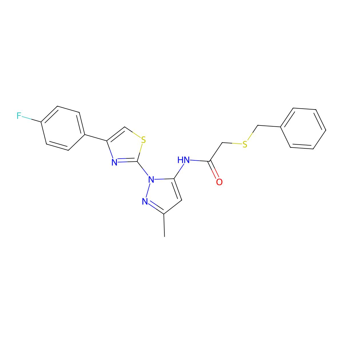 2-(benzylthio)-N-(1-(4-(4-fluorophenyl)thiazol-2-yl)-3-methyl-1H-pyrazol-5-yl)acetamide molecular structure, CAS 1019104-20-1
