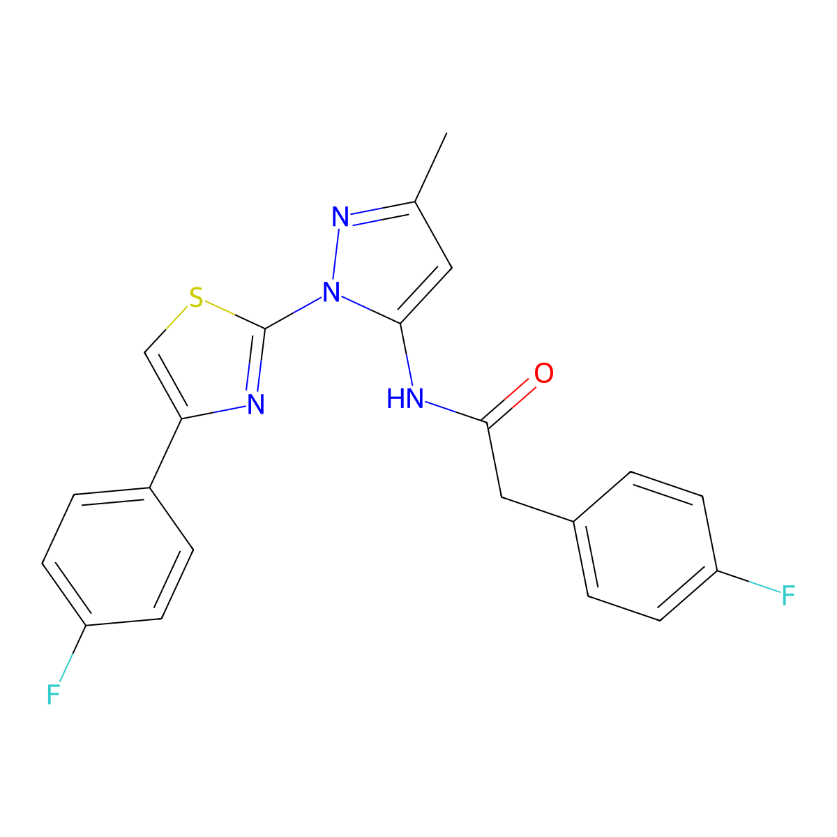 2-(4-fluorophenyl)-N-(1-(4-(4-fluorophenyl)thiazol-2-yl)-3-methyl-1H-pyrazol-5-yl)acetamide molecular structure, CAS 1019104-25-6