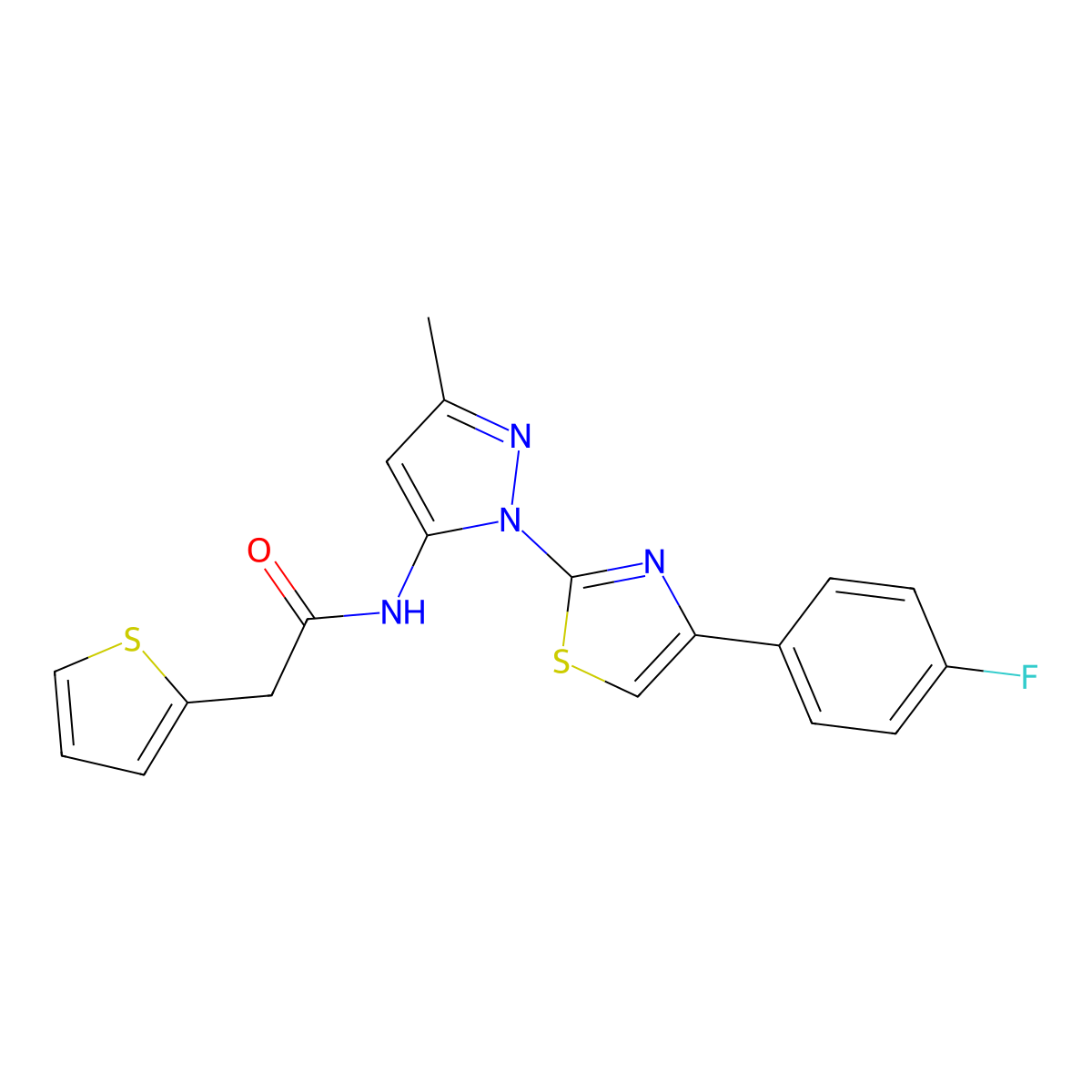 N-(1-(4-(4-fluorophenyl)thiazol-2-yl)-3-methyl-1H-pyrazol-5-yl)-2-(thiophen-2-yl)acetamide molecular structure, CAS 1019104-28-9