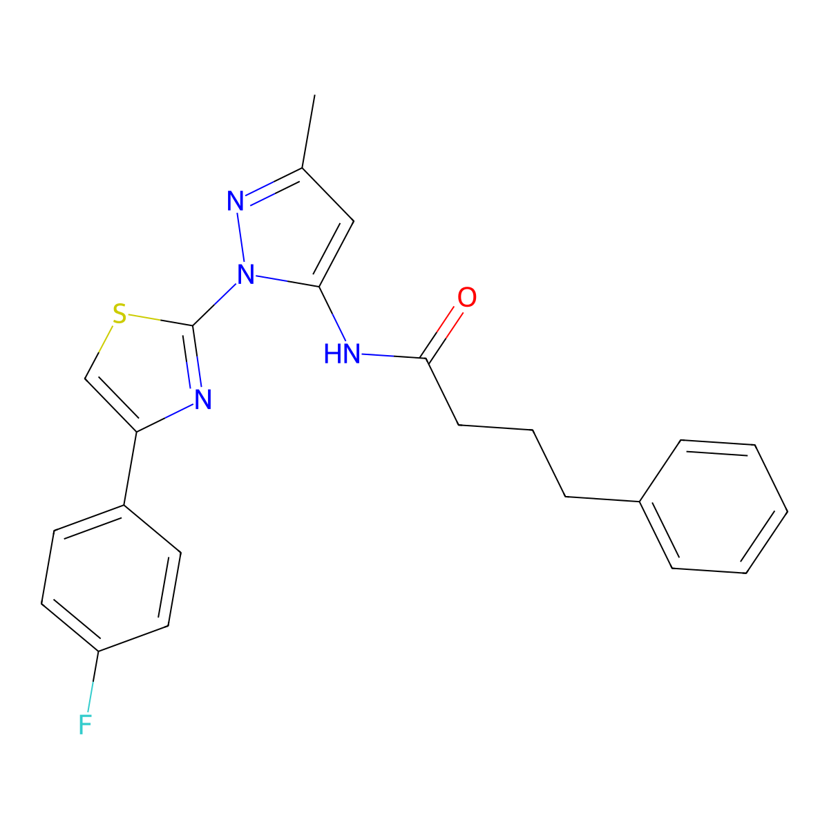 N-(1-(4-(4-fluorophenyl)thiazol-2-yl)-3-methyl-1H-pyrazol-5-yl)-4-phenylbutanamide molecular structure, CAS 1019104-31-4