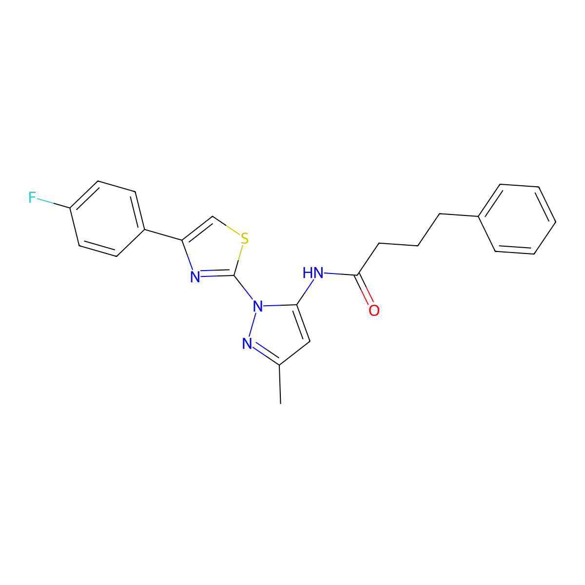 N-(1-(4-(4-fluorophenyl)thiazol-2-yl)-3-methyl-1H-pyrazol-5-yl)-4-phenylbutanamide molecular structure, CAS 1019104-31-4