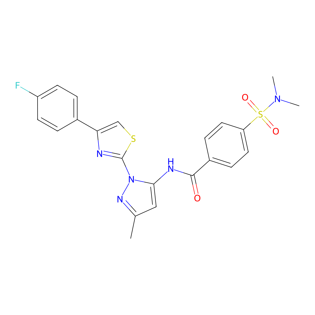 4-(N,N-dimethylsulfamoyl)-N-(1-(4-(4-fluorophenyl)thiazol-2-yl)-3-methyl-1H-pyrazol-5-yl)benzamide molecular structure, CAS 1019104-34-7