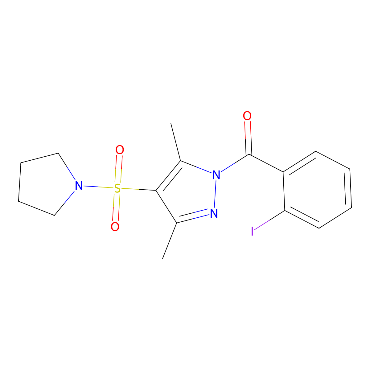 (3,5-dimethyl-4-(pyrrolidin-1-ylsulfonyl)-1H-pyrazol-1-yl)(2-iodophenyl)methanone molecular structure, CAS 1019104-35-8