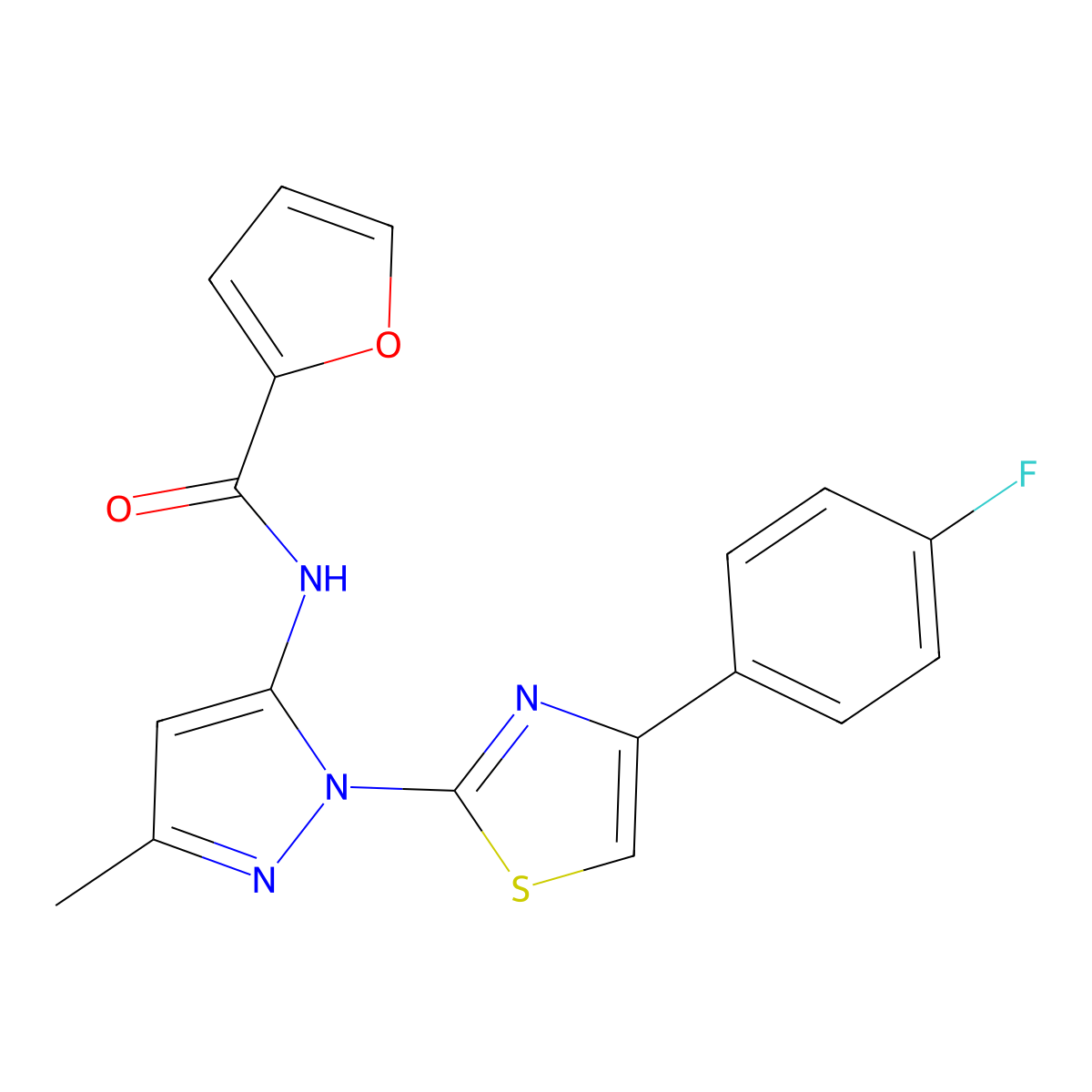 N-{1-[4-(4-fluorophenyl)-1,3-thiazol-2-yl]-3-methyl-1H-pyrazol-5-yl}furan-2-carboxamide molecular structure, CAS 1019104-37-0