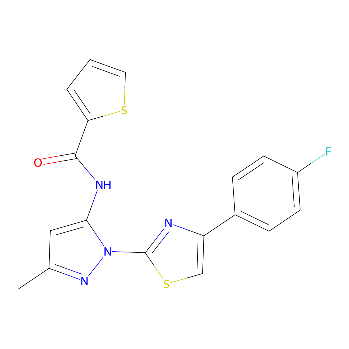 N-(1-(4-(4-fluorophenyl)thiazol-2-yl)-3-methyl-1H-pyrazol-5-yl)thiophene-2-carboxamide molecular structure, CAS 1019104-43-8