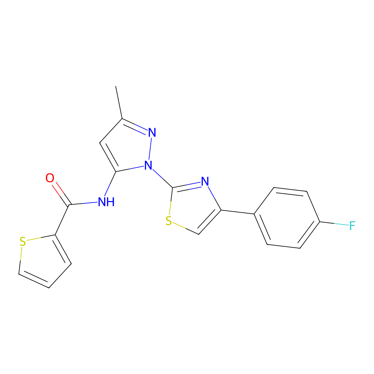 N-(1-(4-(4-fluorophenyl)thiazol-2-yl)-3-methyl-1H-pyrazol-5-yl)thiophene-2-carboxamide molecular structure, CAS 1019104-43-8