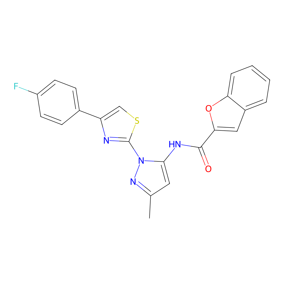 N-(1-(4-(4-fluorophenyl)thiazol-2-yl)-3-methyl-1H-pyrazol-5-yl)benzofuran-2-carboxamide molecular structure, CAS 1019104-46-1