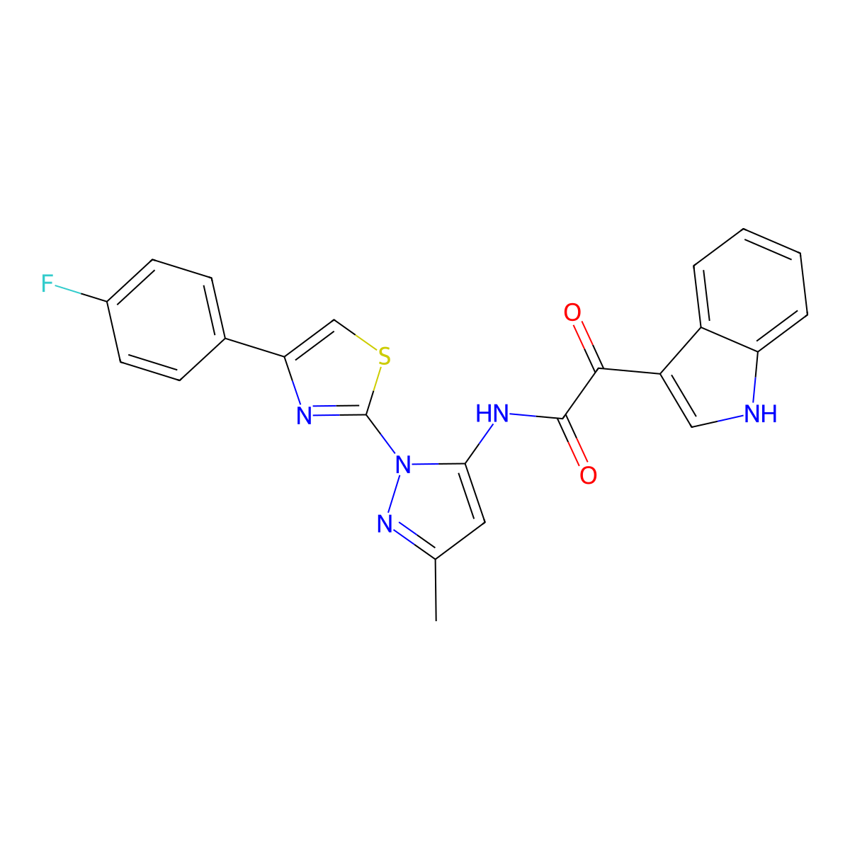 N-(1-(4-(4-fluorophenyl)thiazol-2-yl)-3-methyl-1H-pyrazol-5-yl)-2-(1H-indol-3-yl)-2-oxoacetamide molecular structure, CAS 1019104-48-3