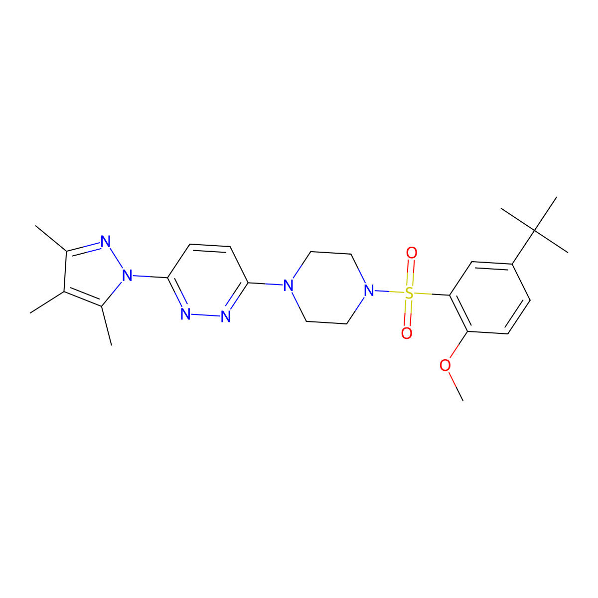 3-(4-((5-(tert-butyl)-2-methoxyphenyl)sulfonyl)piperazin-1-yl)-6-(3,4,5-trimethyl-1H-pyrazol-1-yl)pyridazine molecular structure, CAS 1019104-50-7