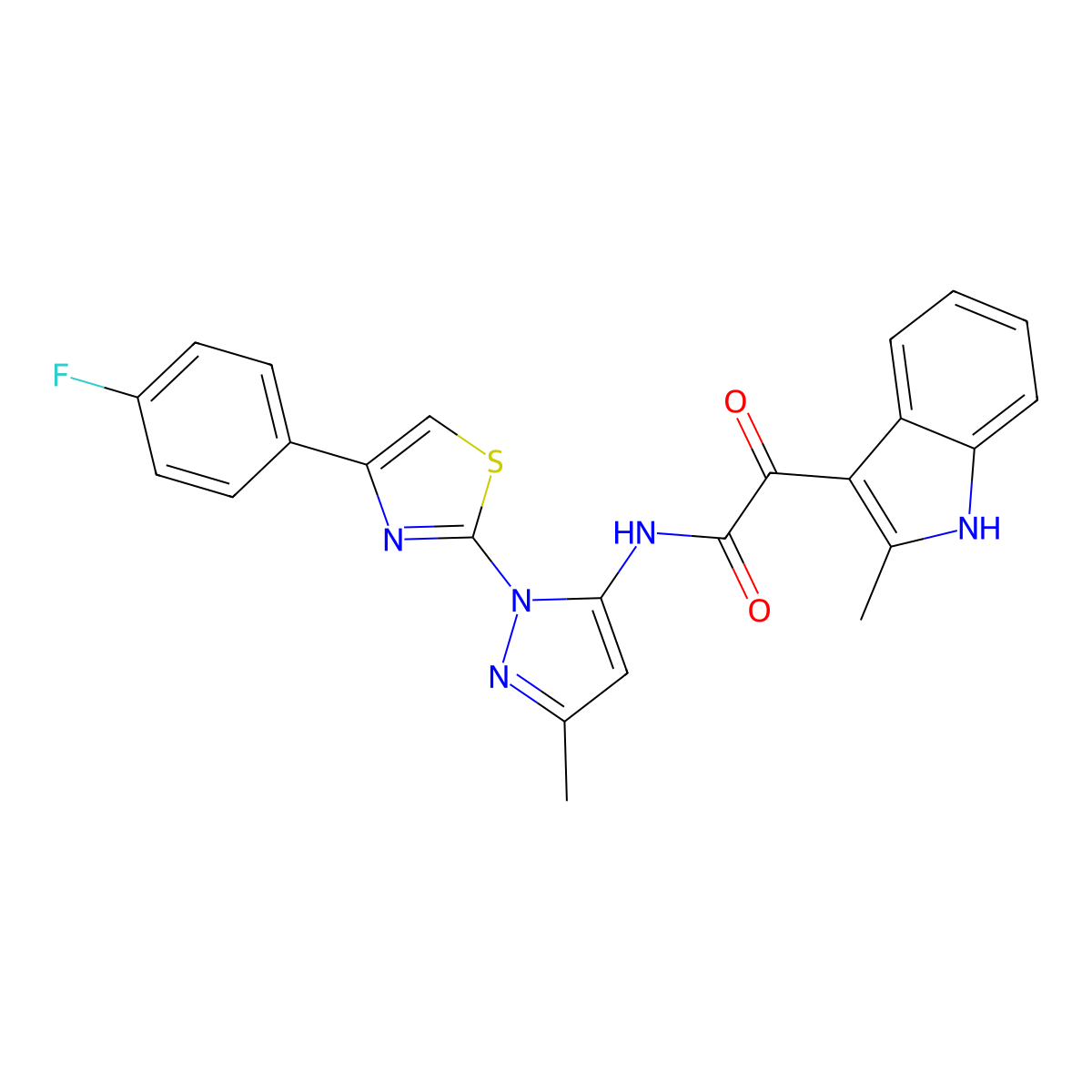 N-(1-(4-(4-fluorophenyl)thiazol-2-yl)-3-methyl-1H-pyrazol-5-yl)-2-(2-methyl-1H-indol-3-yl)-2-oxoacetamide molecular structure, CAS 1019104-51-8