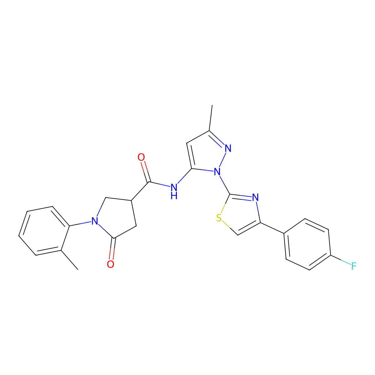 N-(1-(4-(4-fluorophenyl)thiazol-2-yl)-3-methyl-1H-pyrazol-5-yl)-5-oxo-1-(o-tolyl)pyrrolidine-3-carboxamide molecular structure, CAS 1019104-54-1
