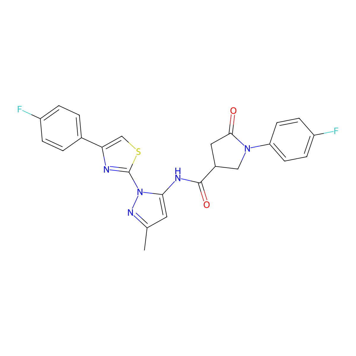 1-(4-fluorophenyl)-N-(1-(4-(4-fluorophenyl)thiazol-2-yl)-3-methyl-1H-pyrazol-5-yl)-5-oxopyrrolidine-3-carboxamide molecular structure, CAS 1019104-57-4