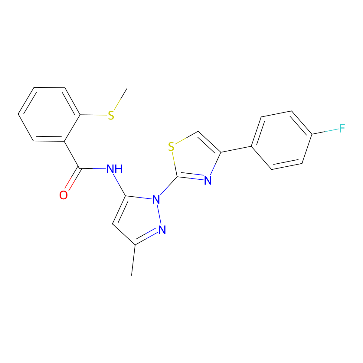 N-(1-(4-(4-fluorophenyl)thiazol-2-yl)-3-methyl-1H-pyrazol-5-yl)-2-(methylthio)benzamide molecular structure, CAS 1019104-60-9