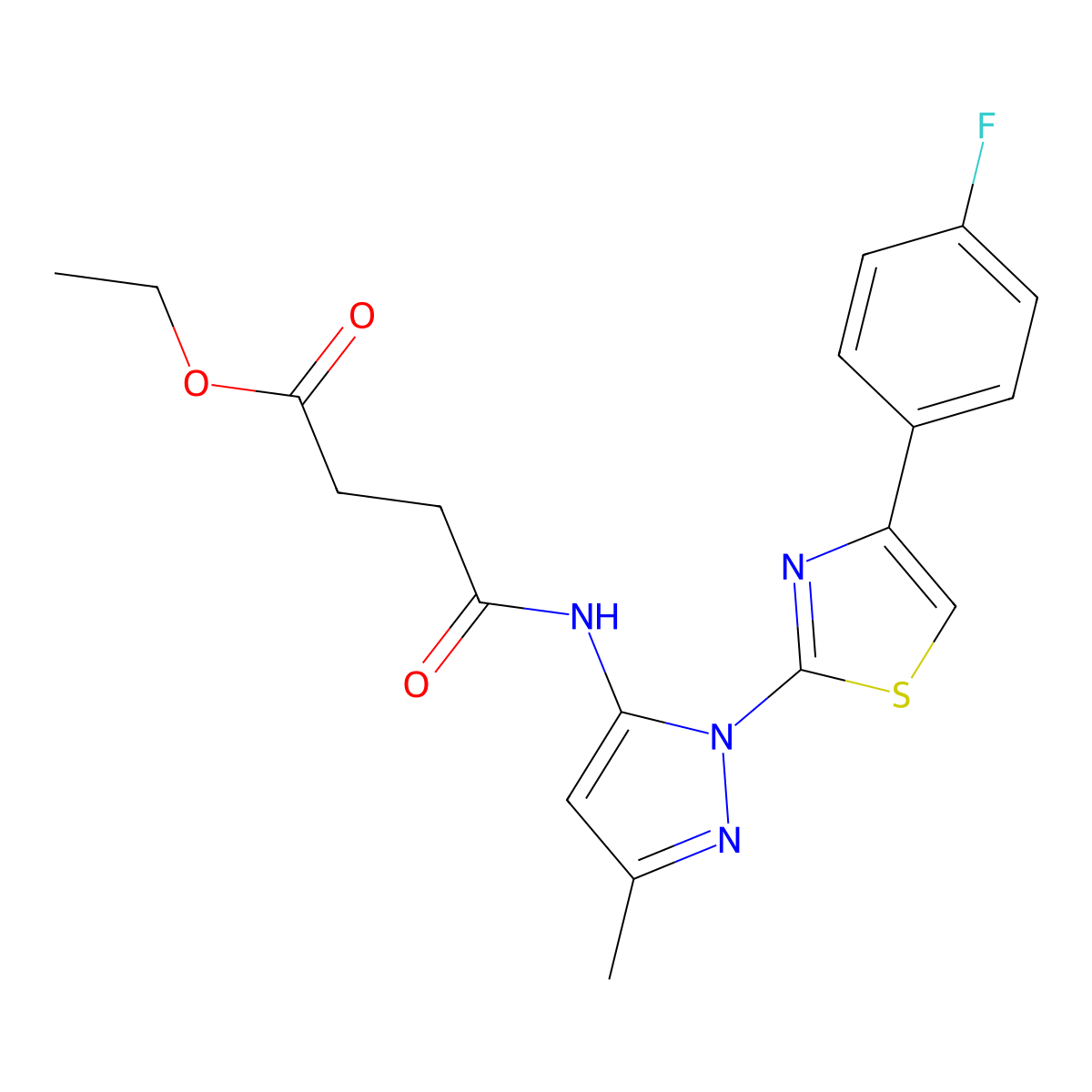 ethyl 4-((1-(4-(4-fluorophenyl)thiazol-2-yl)-3-methyl-1H-pyrazol-5-yl)amino)-4-oxobutanoate molecular structure, CAS 1019104-68-7