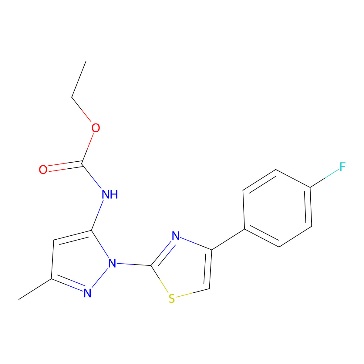 ethyl (1-(4-(4-fluorophenyl)thiazol-2-yl)-3-methyl-1H-pyrazol-5-yl)carbamate molecular structure, CAS 1019104-71-2