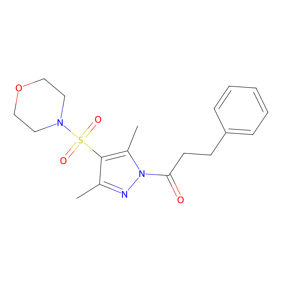 1-(3,5-dimethyl-4-(morpholinosulfonyl)-1H-pyrazol-1-yl)-3-phenylpropan-1-one molecular structure, CAS 1019104-75-6