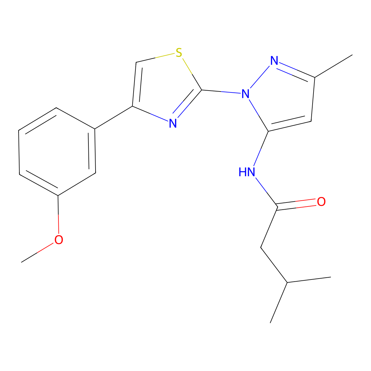 N-(1-(4-(3-methoxyphenyl)thiazol-2-yl)-3-methyl-1H-pyrazol-5-yl)-3-methylbutanamide molecular structure, CAS 1019104-77-8