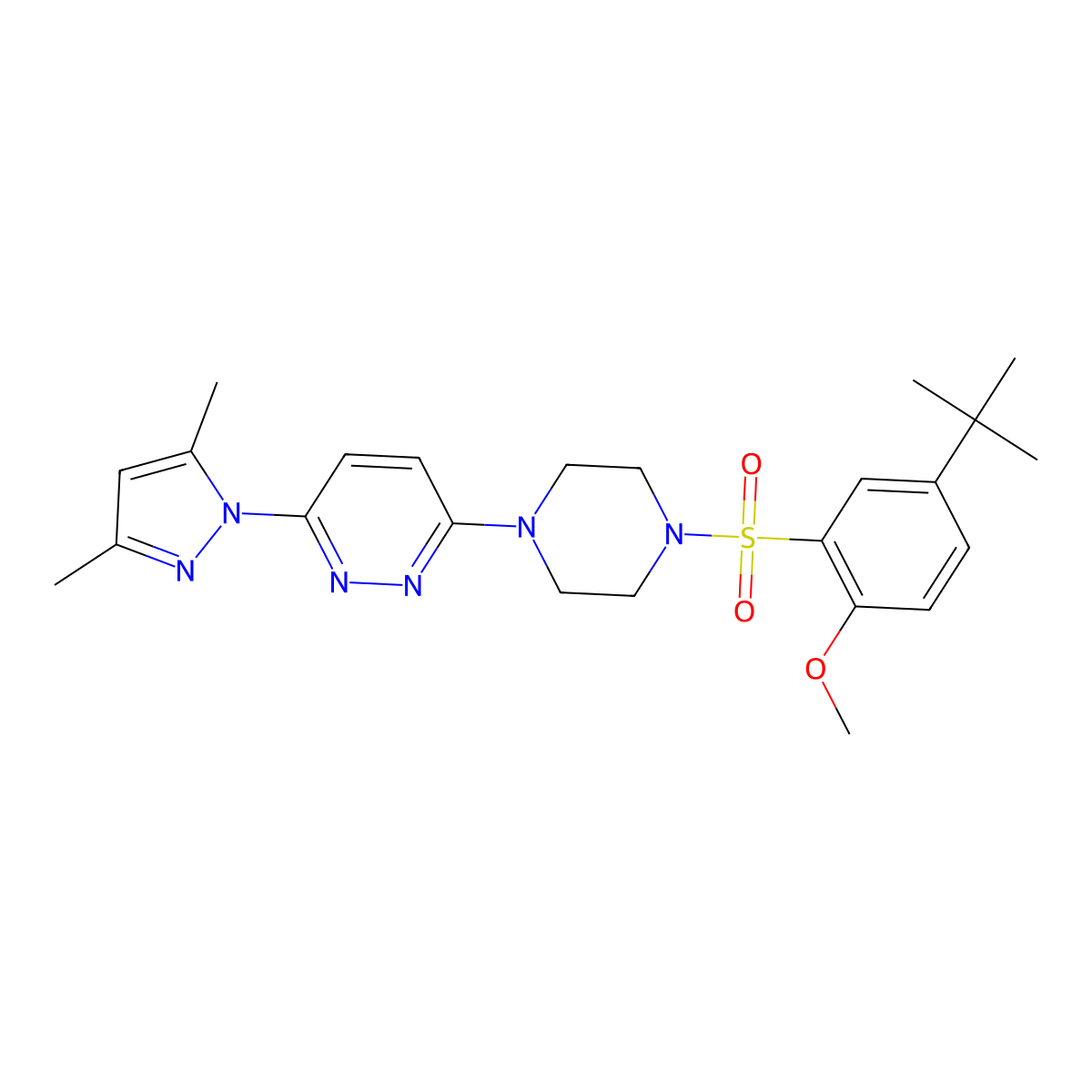 3-(4-((5-(tert-butyl)-2-methoxyphenyl)sulfonyl)piperazin-1-yl)-6-(3,5-dimethyl-1H-pyrazol-1-yl)pyridazine molecular structure, CAS 1019104-96-1