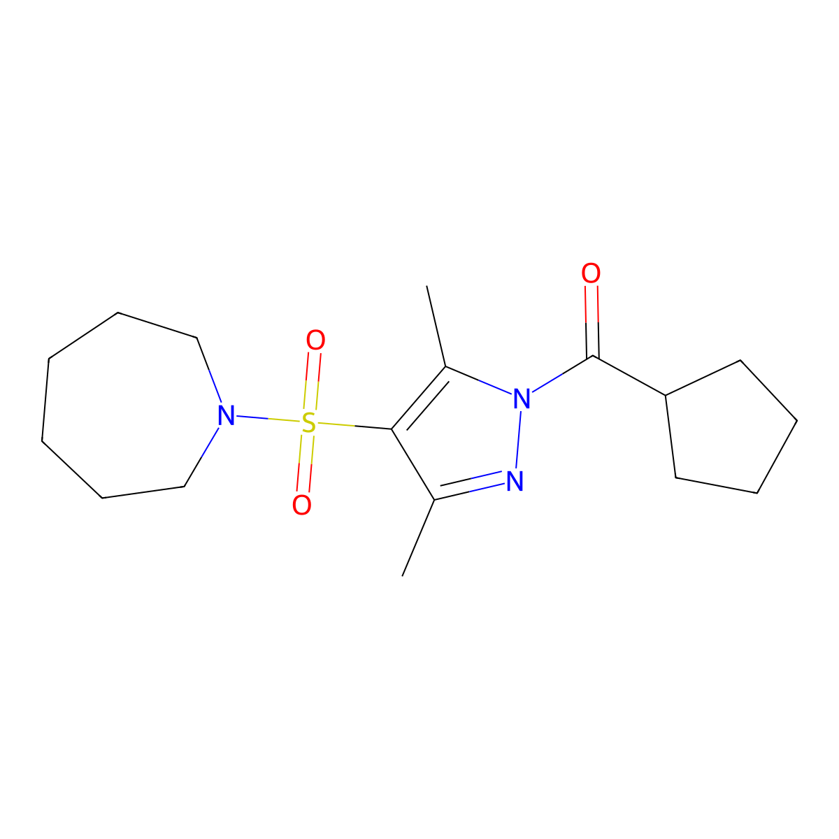 (4-(azepan-1-ylsulfonyl)-3,5-dimethyl-1H-pyrazol-1-yl)(cyclopentyl)methanone molecular structure, CAS 1019105-37-3